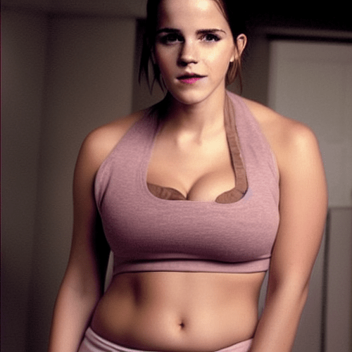 00178-1653202892-A sexy photo of a caucasian woman with her big fat belly visible. She has Emma Watson's head. She is wearing baggy low hanging s