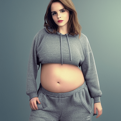 00566-60437255-A sexy photo of a caucasian woman with a fat belly. She has Emma Watson's head. She is wearing wet baggy low hanging sweatpants